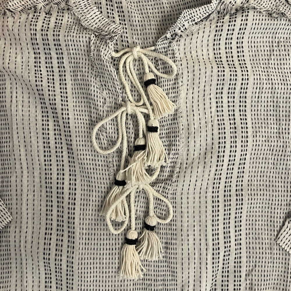 Johnny Was Cream and Black Open-Weave Tassel Tie Blouse - Picture 10 of 12